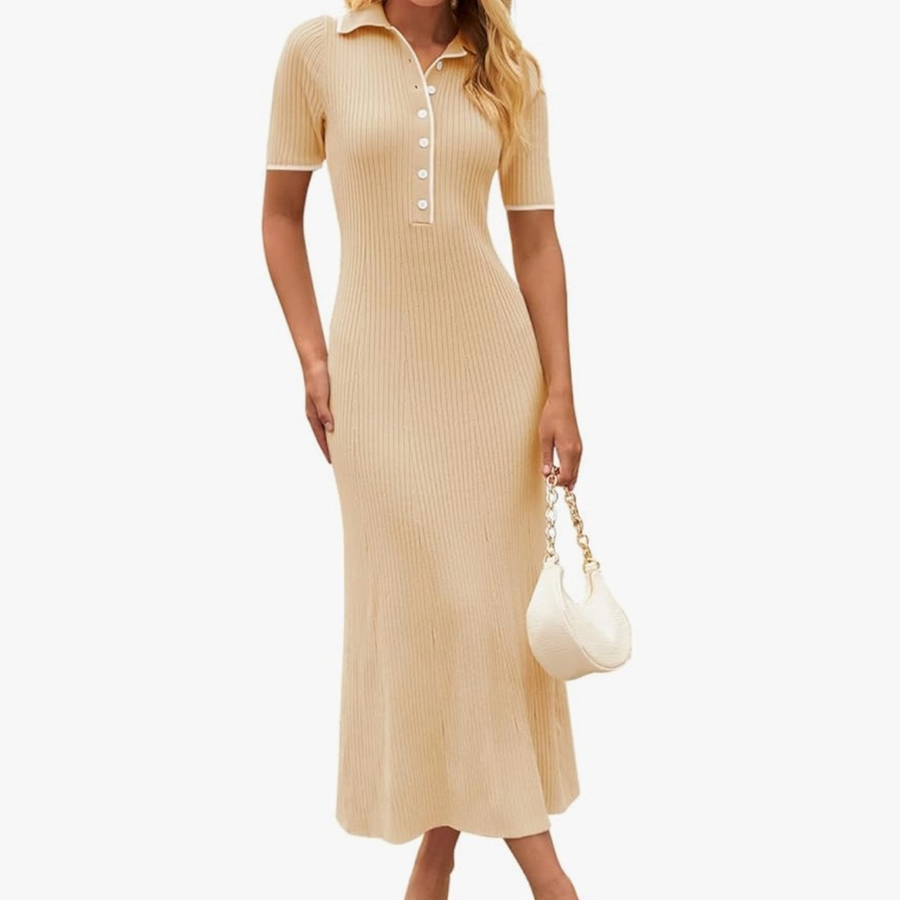 Cream ribbed polo style bodycon maxi sweater dress. Medium. NWOT.